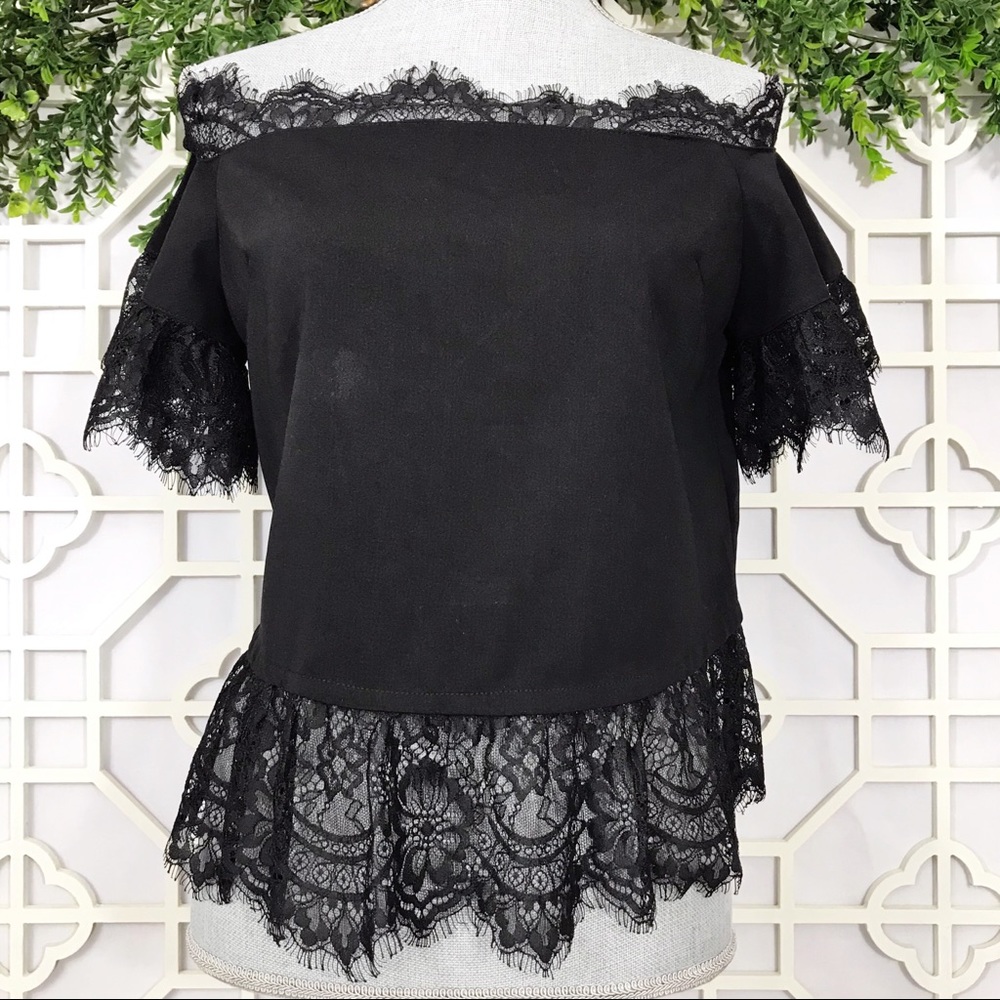 Cocorigo Black Lace Trim Off Shoulder Top